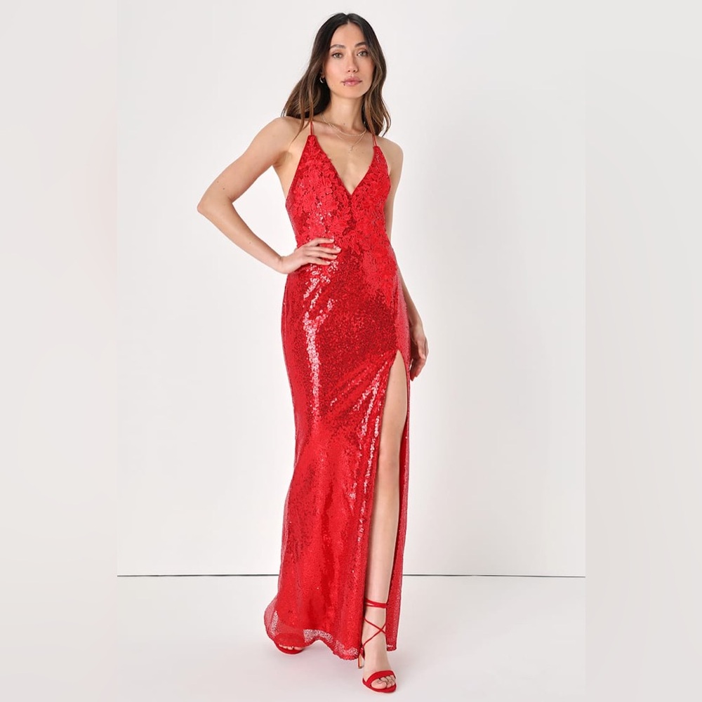 LULUS I've Got To Glow Red Sequin Lace Up Formal Mermaid Maxi Dress Small 2 4